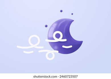 3d moon or crescent with windy rainy night. Luna element is fluffy cumulus shapes. Glossy crescent with stars on weather forecast. 3d windy on moon for sleep dream icon vector render illustration