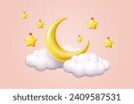 3D moon. Night sleep. Crescent and fluffy clouds. Hanging yellow stars. Baby zzz dream. Weather forecast. Bedtime relaxation. Render cloudscape. Space elements. Vector cartoon icons