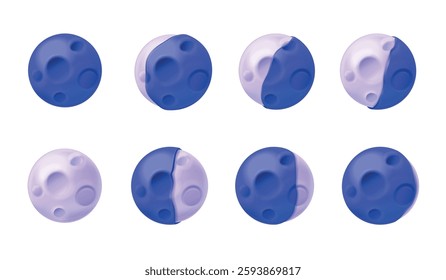 3d moon phases. Lunar calendar, luna crescent eclipse half full new month phase astronomy system infographic moonphase moonlight shape night sky stages, exact vector illustration