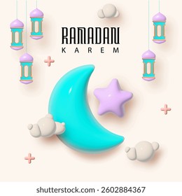 3D Moon stars and lantern Ramadan Karem Festive Holiday Greeting Design in cute and playful color. Celebrating Happy Eid Ul Fitr Islamic Big Celebration with Lanterns and Crescent Moon. 