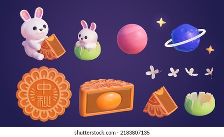 3D Mooncake Festival elements set. 3D Illustration of two cute rabbits, planets, osmanthus, peeled pemelo, and cut mooncakes. Text of Mid Autumn embossed on round mooncake