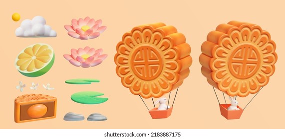 3D Mooncake Festival elements set. 3D Illustration of lemon, stones, mooncake slice, cloud, lotus flowers and leaves, and rabbits taking rides on mooncake shaped hot air balloons.