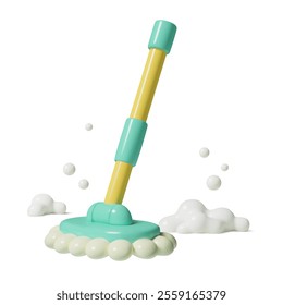 3d Mop Cleaning floor with soap foam and bubbles. Cute realistic vector house cleanup icon isolated on white background.