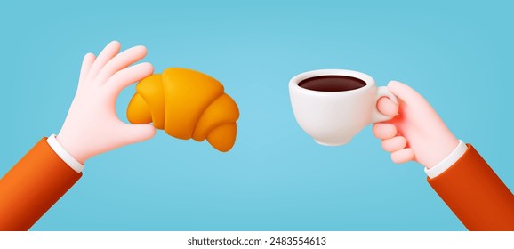 3d morning coffee. Croissant and espresso or americano, fast tasty breakfast concept. Cafe cafeteria and bakery food, realistic render pithy vector banner