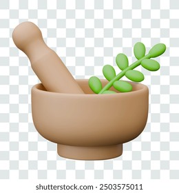 3D mortar with pestle and stalk of green herb. Vector composition