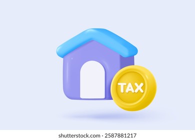 3d mortgage housing to money icon signs, invest profit project with tax. Composition with financial annual accounting. Residence for personal loan. 3d real estate tax icon vector render illustration