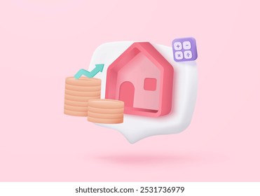 3d mortgage housing to money, money invest profit project, mansion rental property of financial. Residence for personal loan icon signs. 3d real estate financial icon vector render illustration