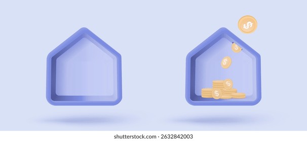 3d hipoteca habitação para dinheiro, dinheiro investir projeto de lucro, mansão de aluguer de propriedade de financeiro. Sinais de ícone de residência para empréstimo pessoal. ilustração de renderização de vetor de ícone financeiro imobiliário 3d