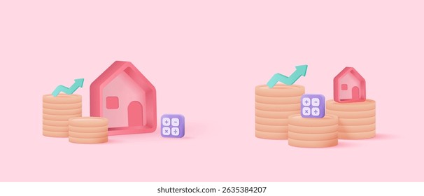 3d hipoteca habitação para dinheiro, dinheiro investir projeto de lucro, mansão de aluguer de propriedade de financeiro. Sinais de ícone de residência para empréstimo pessoal. ilustração de renderização de vetor de ícone financeiro imobiliário 3d