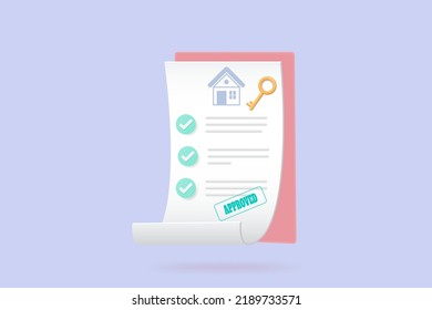 3d mortgage property concept. Buy property with a mortgage. The document is getting bank approval, legal documents, and receiving house keys. 3d Vector illustration.