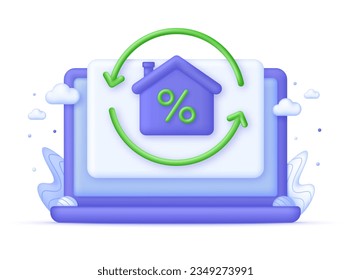 3D Mortgage refinance illustration. Home loan, mortgage, better term, debentures, property, lower interest. Trendy and modern vector in 3d style.