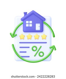 3D Mortgage refinance illustration. Home loan, mortgage, better term, debentures, property, lower interest. Trendy and modern vector in 3d style