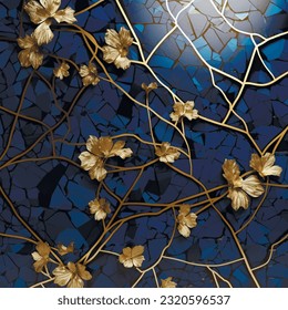 3d mosaic floral marble textured cobalt blue pattern with Gold branches flowers and leaves. Art Deco modern painted vector background. Gold 3d flowers, leaves. Luxury trendy inlaid ornate ornaments.