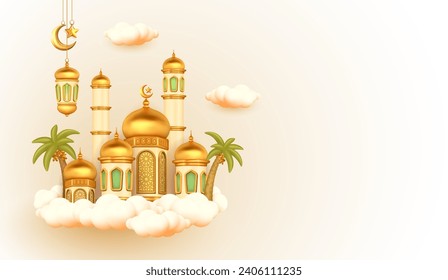 3d mosque building decorated glossy brass dome above the clouds with copy space text area