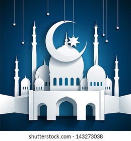 3d mosque and crescent moon with stars - Ramadan Kareem or Ramazan Kareem background - paper craft style - vector