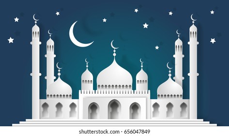 3d mosque and crescent moon with stars - islamic background - paper craft style - vector.