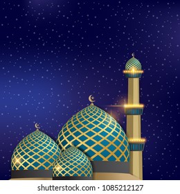 3d Mosque in the night sky background. vector illustration