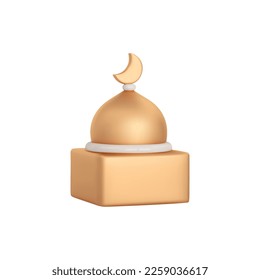 3d mosque symbol icon. Abstract gold islam building on isolated background. Cartoon vector illustration of muslim shape