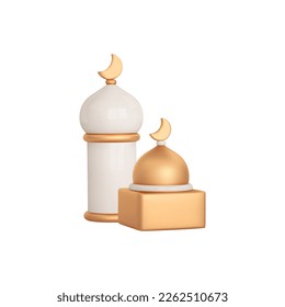 3d mosque symbol icon. Abstract gold and white islam building on isolated background. Cartoon vector illustration of muslim shape