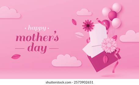 3d Mother day greeting composition with maroon post envelope on pink background, blank love letter, paper flowers, scattered foliage, floating clouds and celebratory balloons. Festive message design.