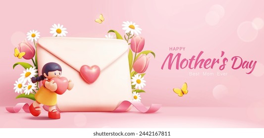 3D Mothers Day Banner mit Miniatur-Mädchen und Liebesbrief umgeben von Blumen auf rosa Hintergrund