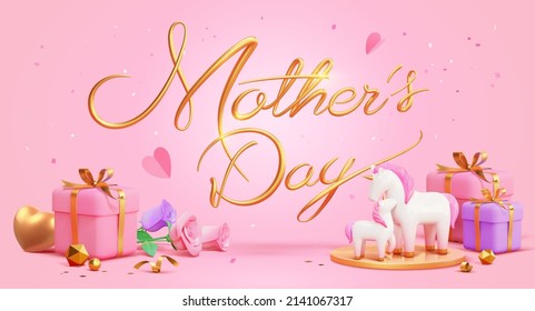 Plantilla de banner del día de la madre con tipografía de oro cursivo, cajas de regalo y hermosa familia de unicornios. Concepto de amor de las madres.