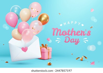 3D Mothers Day card with balloons popping out from an envelope on light blue background.