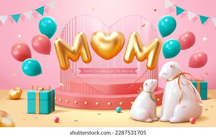 3D Mother's day celebration template. Porcelain polar bears sitting beside fancy heart shape design stage with mom text balloons.