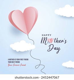 3D mother's day greeting card with flying heart decoration, cloud and quote on blue sky background. Vector illustration of love in shape of heart for greeting card design