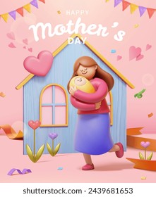 3D Mothers Day Poster. Mother holding baby with house cardboard and festive decors on pink background.