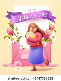 3D Mothers Day Poster. Mother holding a baby on light yellow background with floral letter.