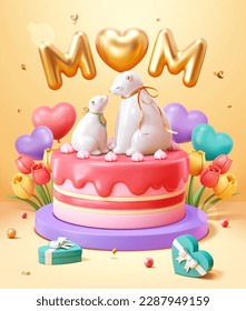 3D Mother's day poster. Porcelain polar bears sitting on layer cake with tulips and heart shape balloons in the back. Light yellow background with golden mom text balloons.