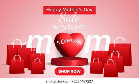 3d mother's day sale banner with heart shape, shopping bag and podium in red color