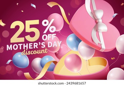 3D Mothers Day sale banner with balloons floating out from an open heart shaped gift box.