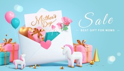 3d Mother's Day Sale Promo Banner Template. Huge Envelope With Gifts, Shopping Bag And Cute Unicorn Toys.