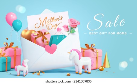 3d Mother's Day sale promo banner template. Huge envelope with gifts, shopping bag and cute unicorn toys.