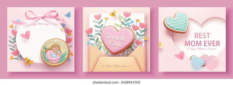 3D Mothers Day square templates with frosted cookies and floral decors isolated on pink background.