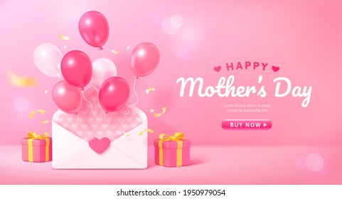 3d Mother's Day or Valentine's Day background. Layout design with pink balloons flying out of a envelope. Suitable for web template or promo banner.