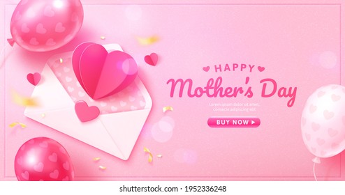 3d Mother's Day or Valentine's Day banner template. Top view of an envelope and balloons set on table. Concept of love letter. Suitable for web page and event promo.