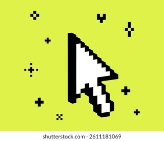 3D mouse arrow point pixel art black element. Y2k inspired bold and groovy collage sticker. Mood of 90s. 8 bit retro style vector illustration. Simple geometric shape with sparkle. Game abstract icon