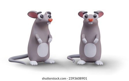 3D mouse with heart nose and white belly. Toothy rat stands on its hind legs. Set of objects in different positions. Wild animal with long tail, pest, rodent. Vector color illustration for web design