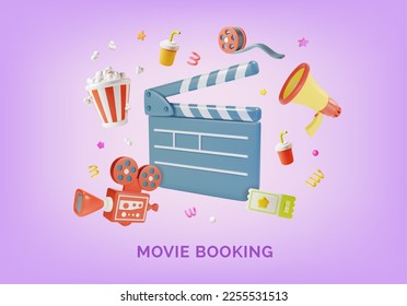 3d Movie Booking Online Service Ads Banner Concept Poster Card Template Plasticine Cartoon Style. Vector illustration