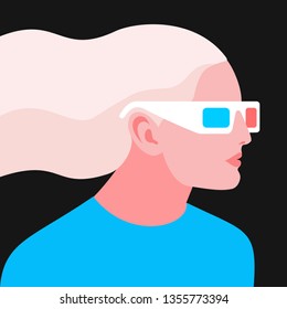 3d movie concept. Female character with long hair, wearing 3d glasses, side view. Vector illustration