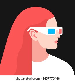 3d movie concept. Female character with long red hair, wearing 3d glasses, side view. Vector illustration