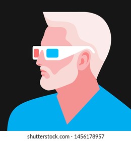 3d movie concept. Male portret, side view. Bearded character in 3d glasses. Vector illustration