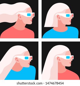 3d movie concept. Set of female characters wearing 3d glasses, side view. Vector illustration