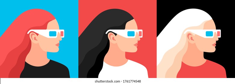 3d movie concept. Set of female characters wearing 3d glasses, side view. Vector illustration