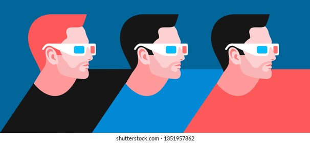 3d movie concept. Set of male characters in 3d glasses, side view. Vector illustration