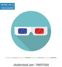 3D movie glasses flat icon with long shadow. Vector Illustration.