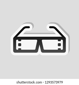 3D movie glasses. Icon of cinema technology. Sticker style with white border and simple shadow on gray background
